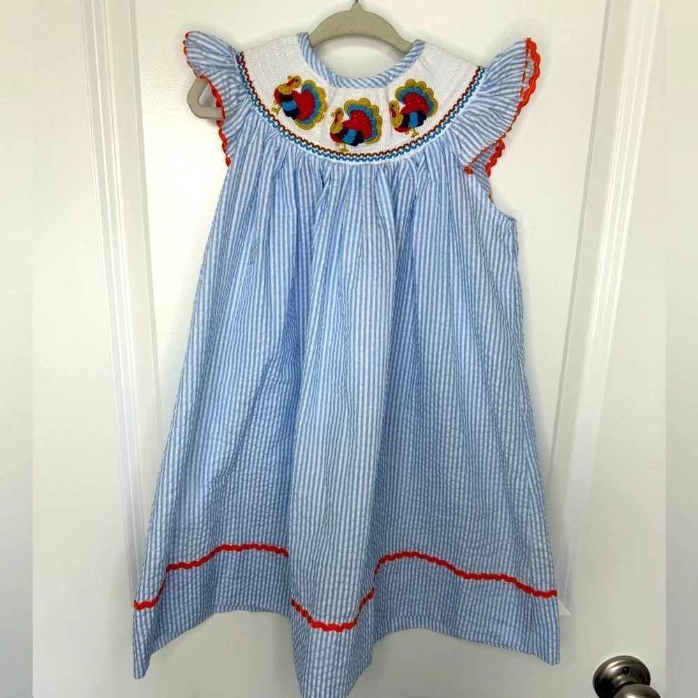 Lil Cactus Girls Thanksgiving Turkey Smocked Light Blue Pinstripe Dress Size 2T